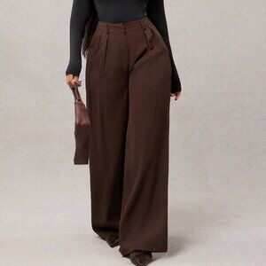 Coffee Brown Casual Women's Minimalist High Waisted Wide Leg Pants
